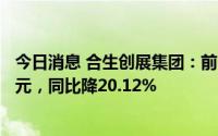 今日消息 合生创展集团：前8个月合约销售金额约208.88亿元，同比降20.12%