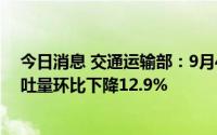 今日消息 交通运输部：9月4日，全国监测港口完成货物吞吐量环比下降12.9%