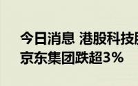 今日消息 港股科技股集体下挫，腾讯控股、京东集团跌超3%