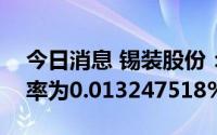 今日消息 锡装股份：IPO网上发行最终中签率为0.013247518%