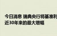 今日消息 瑞典央行将基准利率上调1个百分点至1.75%，为近30年来的最大增幅
