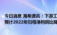 今日消息 海希通讯：下游工程机械行业周期性波动向下等，预计2022年归母净利同比降34.34%