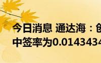 今日消息 通达海：创业板IPO网上定价发行中签率为0.0143434705%