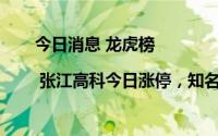 今日消息 龙虎榜 | 张江高科今日涨停，知名游资章盟主买入1.54亿元