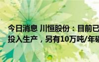 今日消息 川恒股份：目前已建成10万吨/年磷酸铁产线且已投入生产，另有10万吨/年磷酸铁产线正在建设中